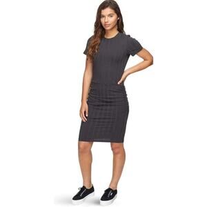 Monrow Womens Rib Crew Neck Shirred Dress Medium Gray Short Sleeve Cotton Casual